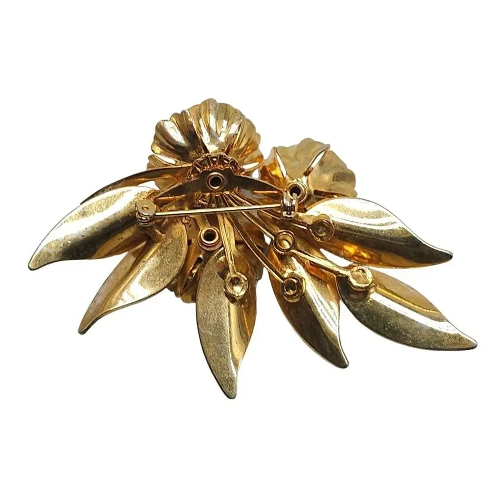 Blue Rhinestone Flower Leaf Branch Brooch Pin Gold Tone Vintage 1940s